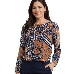 Tory Burch Silk Blouse Size 6 Abstract Scroll Print Long Sleeve **Read Condition